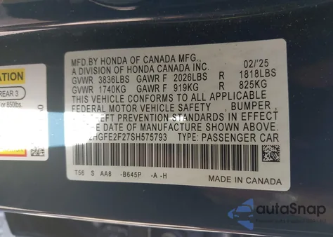 2025 Honda Civic Lx from USA, damaged, VIN 2HGFE2F27SH575793